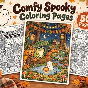 May include: A collection of Comfy Spooky Coloring Pages featuring 50 pages of autumn-themed illustrations. The central image shows a frog under a leaf, a ghost with a lantern, pumpkins, and fall foliage. Two additional black and white pages are visible.