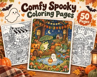 May include: A collection of Comfy Spooky Coloring Pages featuring 50 pages of autumn-themed illustrations. The central image shows a frog under a leaf, a ghost with a lantern, pumpkins, and fall foliage. Two additional black and white pages are visible.