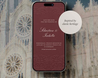 Plantilla de Canva para anunciar la fecha de la boda en color burdeos / Elegancia clásica en rojo intenso / Anuncio de boda con un toque melancólico / Descarga instantánea