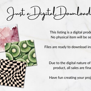 May include: A digital download listing featuring three square patterns: a maroon watercolor wash, a green kiwi fruit slice print, and a black and beige distorted checkerboard. Text reads: Just a Digital Download, This listing is a digital product.