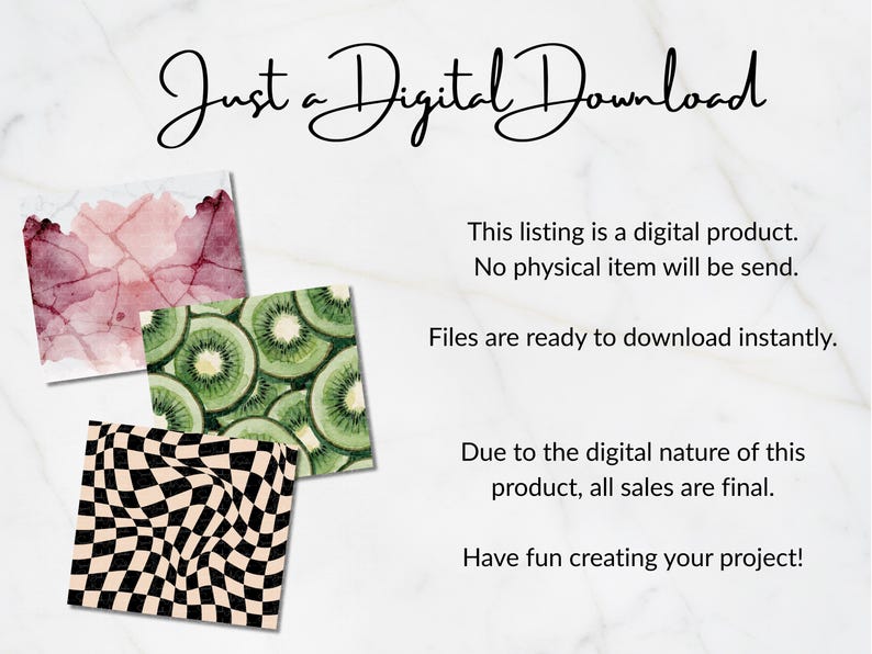 May include: A digital download listing featuring three square patterns: a maroon watercolor wash, a green kiwi fruit slice print, and a black and beige distorted checkerboard. Text reads: Just a Digital Download, This listing is a digital product.
