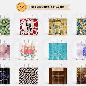 May include: A collection of twelve cylindrical tumblers featuring various graphic designs including kiwi slices, red hearts with the word LOVE, yellow lemon themes, floral patterns, watercolor washes, an Easter bunny, tie-dye, and text-based quotes.