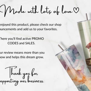 May include: Two cylindrical tumblers with metal straws. One features a green frog in a wooden boat holding a red umbrella against a striped background. The other displays a colorful watercolor wash of orange, blue, and purple hues. Text includes Made with lots of love, If you enjoyed this product, please check our shop announcements and add us to your favorites. There you'll find active PROMO CODES and SALES. Your review means more than you know and helps this dream grow. Thank you for supporting our business.