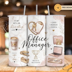 Office Manager Tumbler Wrap – Boss Lady Office Skinny Tumbler 20oz – Workplace Appreciation Gift – Marble Sublimation Design PNG