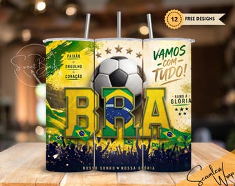 Brazil Soccer Tumbler Wrap – BRA Football Skinny Tumbler 20oz – Brasil Futbol Fan Gift 2026 – Sublimation Design PNG, Instant Download