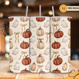 Leuke strik herfst beker wrap – Ghost pompoen naadloze patroon skinny beker 20oz – Spooky Halloween cadeau – flirt sublimatie ontwerp, png PNGEgg