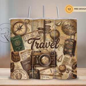 May include: A travel-themed tumbler with a vintage map design. The design includes a compass, passport, camera, suitcase, and the word "Travel". The tumbler has a stainless steel straw and the text "12 FREE DESIGNS".