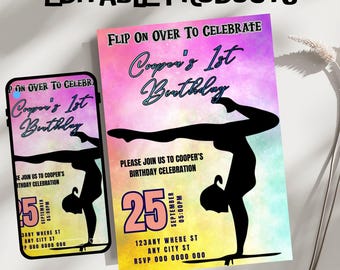 Gymnastic 1st Birthday Invitation Template, Editable Canva Design (5x7), Digital Download.