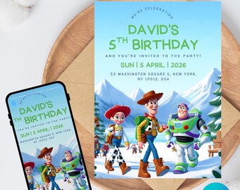 Sjabloon uitnodiging verjaardagsfeestje Toy Story, bewerkbaar Canva-ontwerp (5 x 7), digitale download.