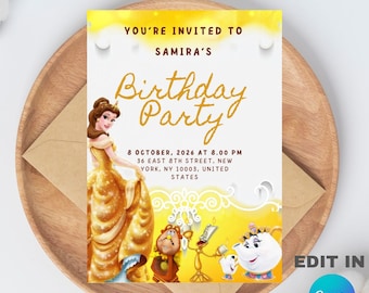 Princess Belle Birthday Party Invitation Template, Editable Canva Design (5x7), Digital Download.