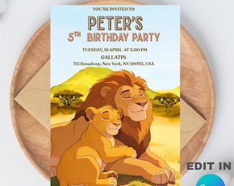 Simba The Lion King Birthday Party Invitation Template, Editable Canva Design (5x7), Digital Download.