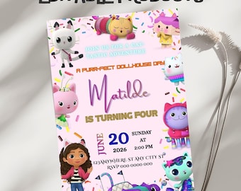 Gabby Dollhouse Birthday Party Invitation Template, Editable Canva Design (5x7), Digital Download.