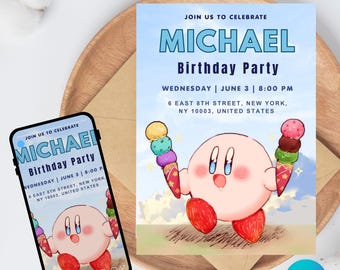 Kirby Birthday Party Invitation Template, Editable Canva Design (5x7). Digital Download.