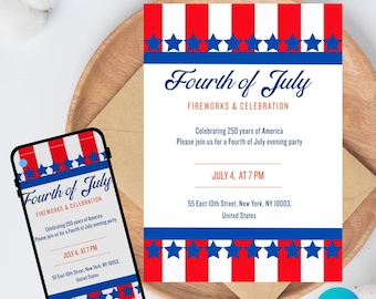 4th Of July Party Invitation Template, Editable Canva Design (5x7), Digital Download.