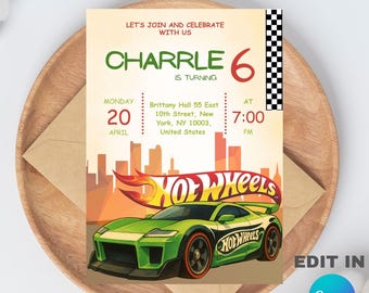 Hot Wheels-sjabloon voor verjaardagsfeestje, bewerkbaar Canva-ontwerp (5 x 7), digitale download.