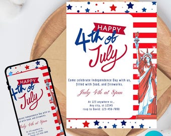 4th Of July Invitation Template, Editable  Canva Design (5x7),  Digital Download.