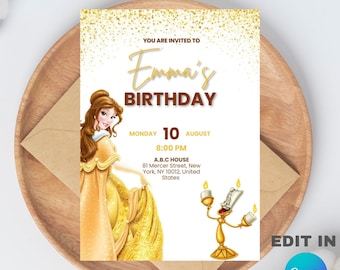 Princess Belle Birthday Invitation Template – Editable Canva Design (5x7), Digital Download.