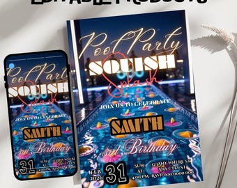 Squish Splash Birthday Party Invitation Template, Editable Canva Design (5x7), Digital Downlaod.