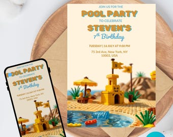 Pool Birthday Party Invitation Template, Editable Canva Design (5x7), Digital Download.