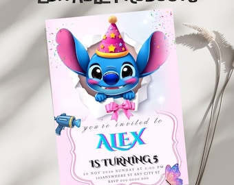 Stitch Birthday Party Invitation Template, Editable Canva Design (5x7), Digital Download.