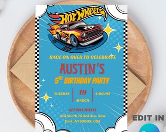 Hot Wheels Birthday Party Invitation Template, Editable Canva Design (5x7), Digital Download.