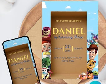 Sjabloon bewerkbare Toy Story-verjaardagsuitnodiging, bewerkbaar Canva-ontwerp (5 x 7), digitale download.