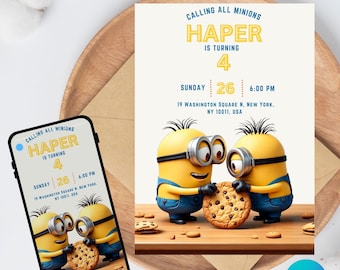 Sjabloon uitnodiging verjaardagsfeestje Minions, bewerkbaar canvasontwerp (5 x 7), digitale download.