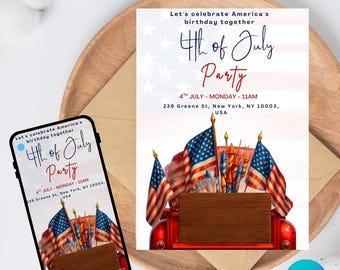 4th of July Dinner Party Invitation Template, Editable Canva Design (5X7), Digital Download.