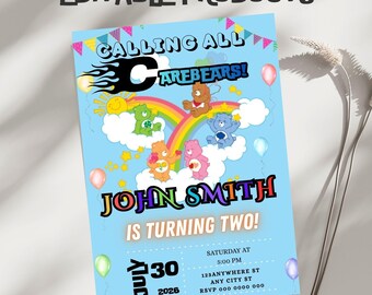 Sjabloon voor uitnodiging voor verjaardagsfeestje Carebears, bewerkbaar Canva-ontwerp (5 x 7), digitale download.