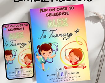 Gymnastic Birthday Invitation Template, Editable Canva Design (5x7), Digital Download.