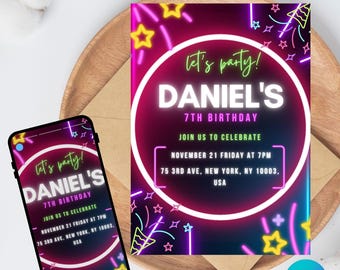 Neon Birthday Party Invitation Template, Editable Canva Design (5x7), Digital Download.