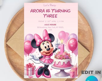 Minnie Mouse Birthday Party Invitation Template, Editable Canva Design (5x7). Digital Download.