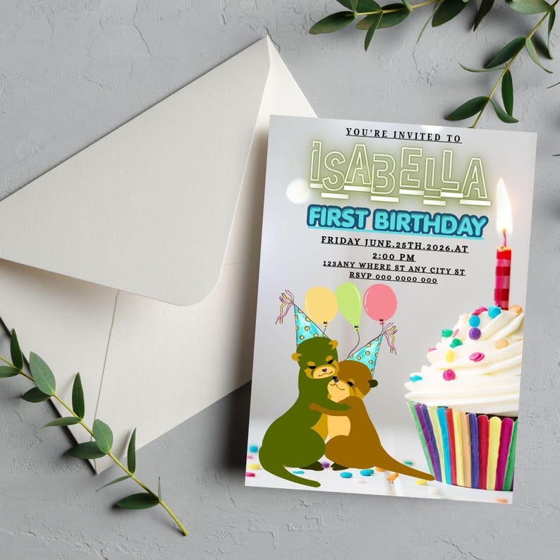 Otter Birthday Invitation Template | Editable Canva First Birthday ...