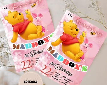 Winnie The Pooh First Birthday Party Invitation Template, Editable Canva Design (5x7), Digital Download.