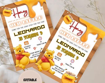 Winnie The Pooh Birthday Party Invitation Template, Editable Canva Design (5x7), Digital Download.