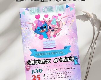 Bewerkbare en afdrukbare steek Gender Reveal verjaardagsfeestje sjabloon (5 x 7) Digitaal downloadbaar product