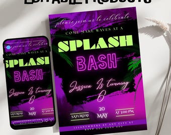 Sjabloon uitnodiging verjaardagsfeestje Summer Bash, bewerkbaar Canva-ontwerp (5 x 7), digitale download.