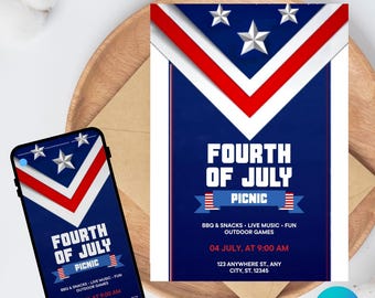 4th of July Picnic Invitation Template, Editable Canva Design (5x7), Digital Download.
