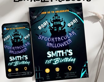 Halloween Birthday Party Invitation Template, Editable Canva Design (5x7), Digital Download.