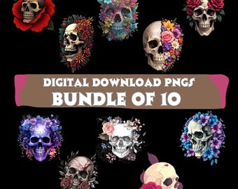 Floral Skull PNG Bundle | Gothic Boho Clipart (Digital Download)