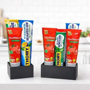 Könnte beinhalten: Zwei schwarze rechteckige Behälter mit Tuben mit Gewürzen. Die Tuben sind rot, blau, gelb und grün, mit Text und Bildern von Tomaten, Senf und anderen Zutaten. Die Produkte sind auf einer weißen Oberfläche angeordnet.