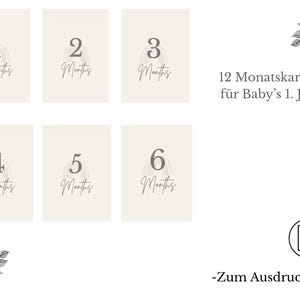 Può includere: Set di sei biglietti milestone beige con i numeri da 1 a 6, ognuno con la parola "Months" in un carattere corsivo. È presente anche il testo "12 Monatskarten für Baby's 1. Jahr". Include un'icona PDF e il testo "-Zum Ausdrucken-".