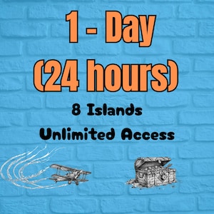 Könnte beinhalten: Bild mit Text: "1 - Tag (24 Stunden) 8 Inseln Unbegrenzter Zugang". Das Bild zeigt auch eine Zeichnung eines Doppeldeckers und einer Schatzkiste auf einem blauen Backsteinmauer-Hintergrund.