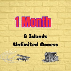 Può includere: Immagine con testo: "1 Month, 8 Islands, Unlimited Access." Include un disegno di un biplano con scia e un forziere pieno di monete. Lo sfondo è un muro di mattoni gialli.
