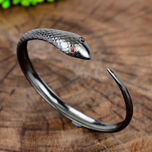 Vintage Snake with Garnet Eyes Bracelet | 925 Sterling silver Oxidized Gothic Serpent Cuff Gift