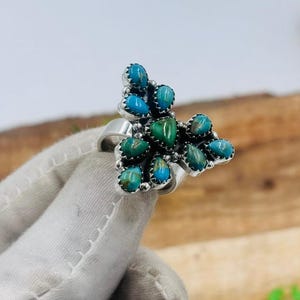 Southwestern Boho Statement Ring | 925 sterling Silver Turquoise Cluster Jewelry