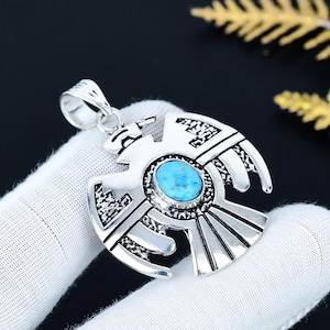 Handmade 925 Sterling Silver Thunderbird Pendant with Turquoise | Native American Southwestern Inspired Jewelry
