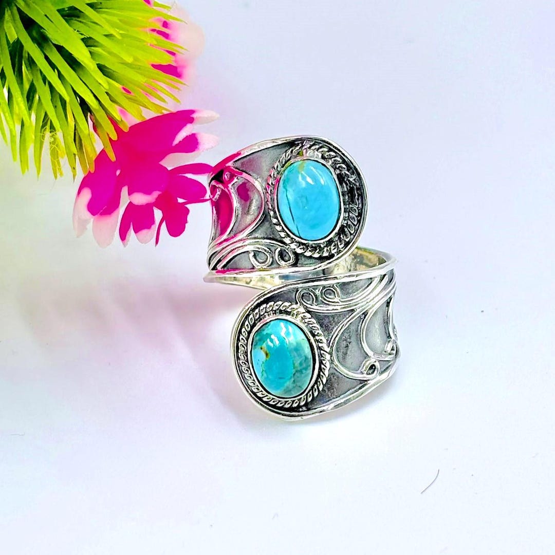 925 Sterling Silver Turquoise Bypass Ring / Double Oval Gemstone Boho ...