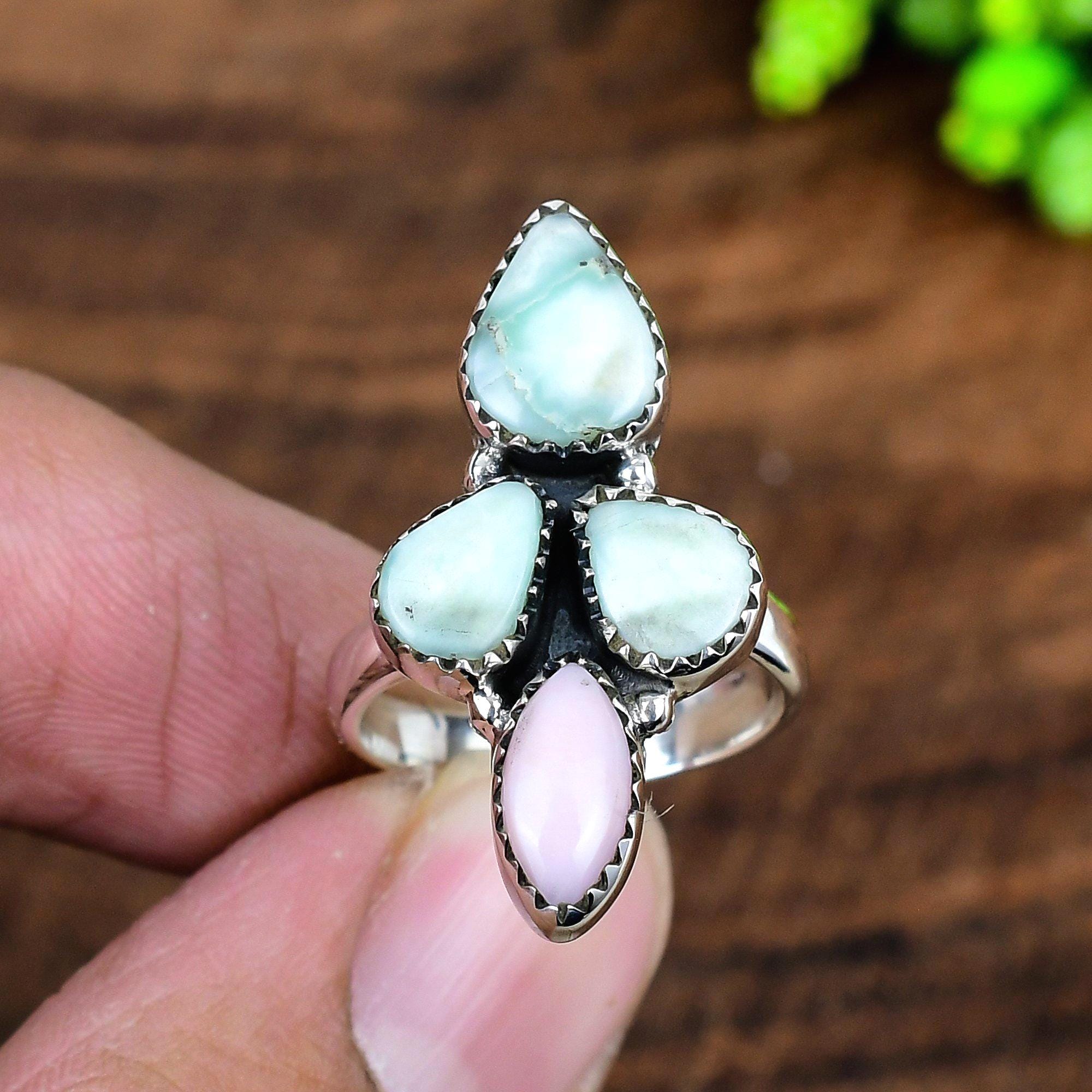 Palomino Turquoise Pink Conch Sterling925 Silver Cluster Ring, Boho…