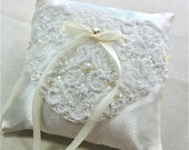 Creamy Ivory Satin Ring Bearer Pillow with Alencon Lace embroidered with Pearls
